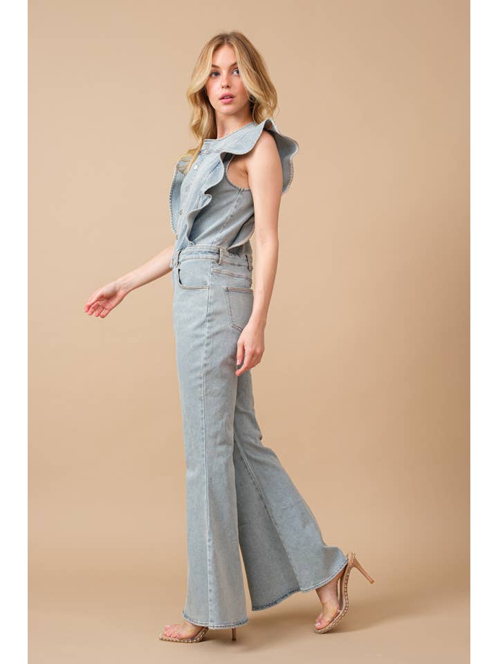 Blue B - Vendita all'ingrosso Tuta intera - Donna - 22646R - Tuta in denim SLV con bottoni e fondo a campana20