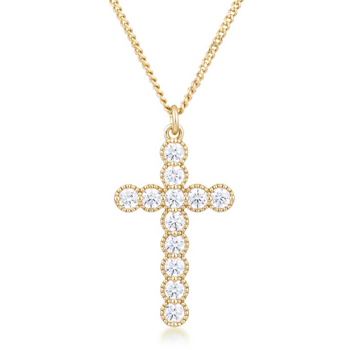 Micro Beaded 18k Gold Plated Clear CZ Cross Pendant for wholesale by JGoodin