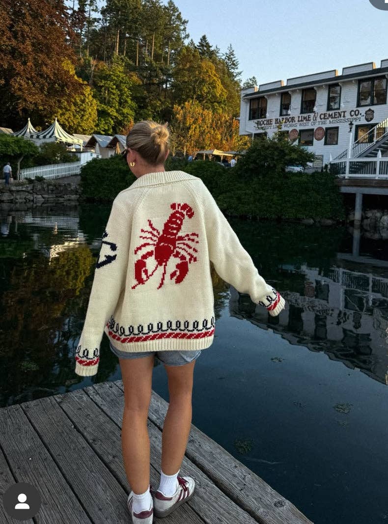 Pink Pineapple - Wholesale Knit Sweater - Women's - Lobster Varsity Cardigan with Vintage Trim in Ivory/Red3