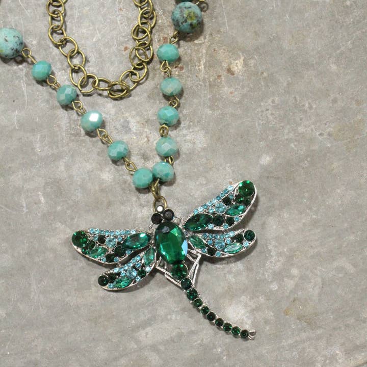 The Primitive Peddler, Inc. - Wholesale Pendant/Charm Necklace - Silent Whispers Dragonfly Bling Shades Of Green Layered Necklace1