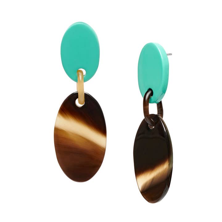 BRANCH JEWELLERY - Wholesale Dangle earrings - Brown natural and Aquamarine lacquered oval drop earrings0