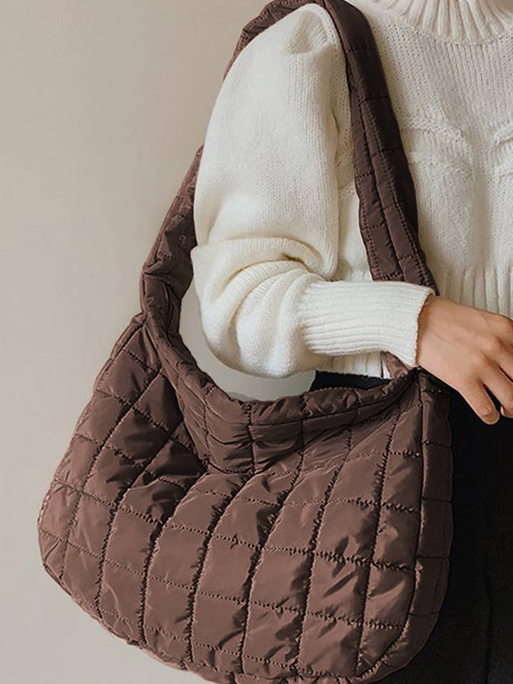 Coffee Quilted Puffer Large Zip Shoulder Tote Bag for wholesale by Suhkasana