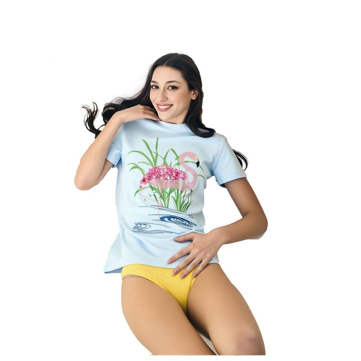 Katoenen Flamingo Bedrukte & Geborduurde T-Shirt voor wholesale door SAHI LONDON LTD