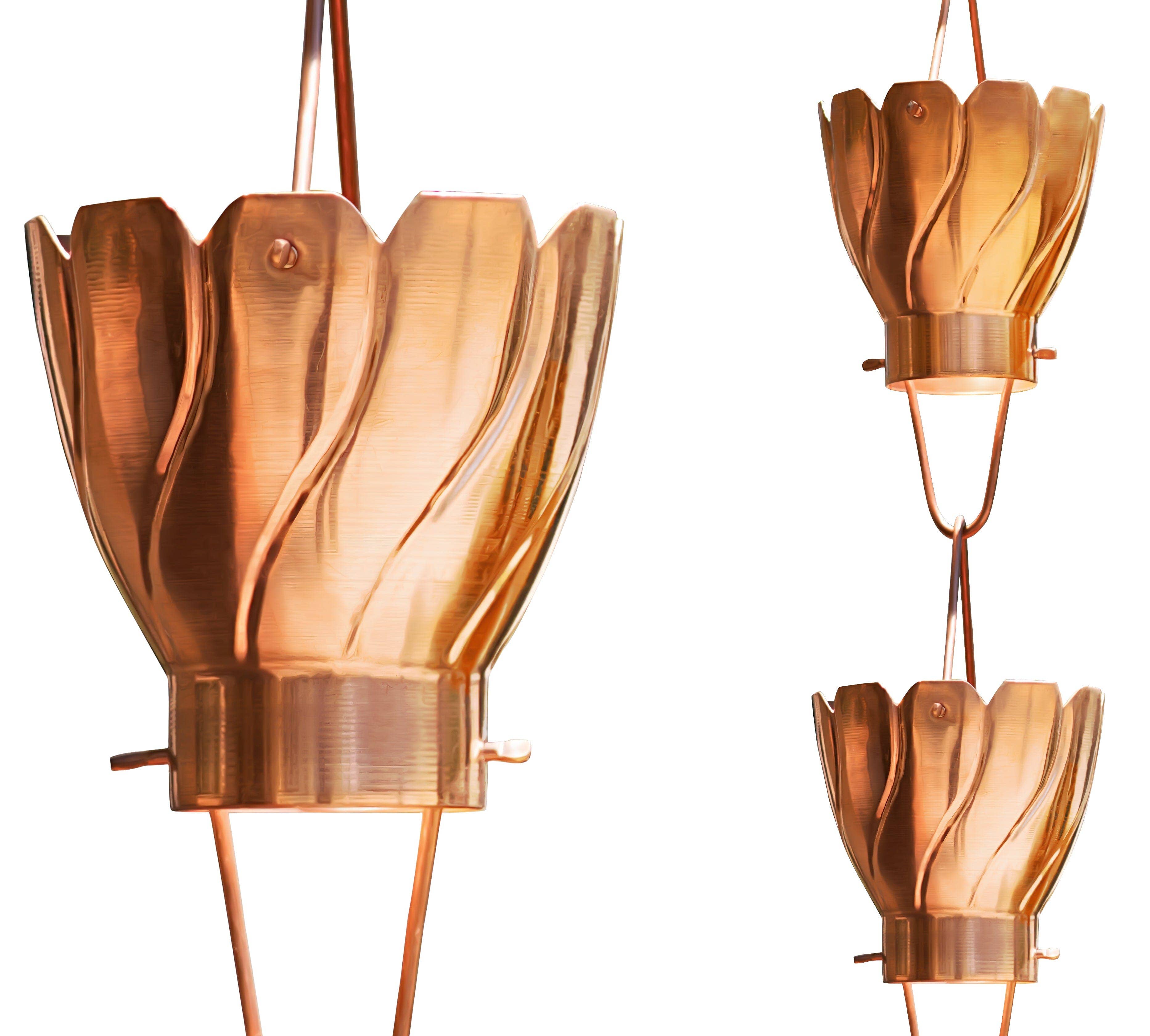 Pure Copper Akira Cup Style Rain Chain Replacement Downspout for Gutters for wholesale on Faire9