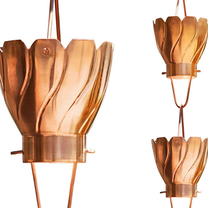 Pure Copper Akira Cup Style Rain Chain Replacement Downspout for Gutters for wholesale on Faire9