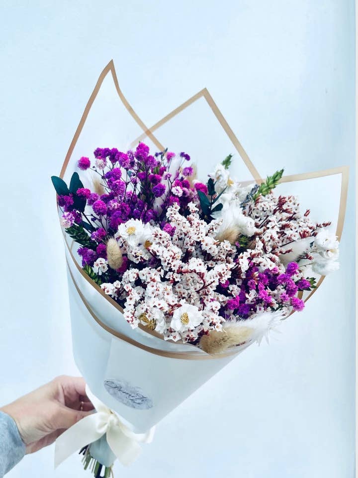 Purple Green White Gift Bouquet Dried Flowers Bouquet Gifts For Her Gift Set Dried flower arrangement Babys Breath Gypsophila Bouquet for wholesale by DemiVi Style