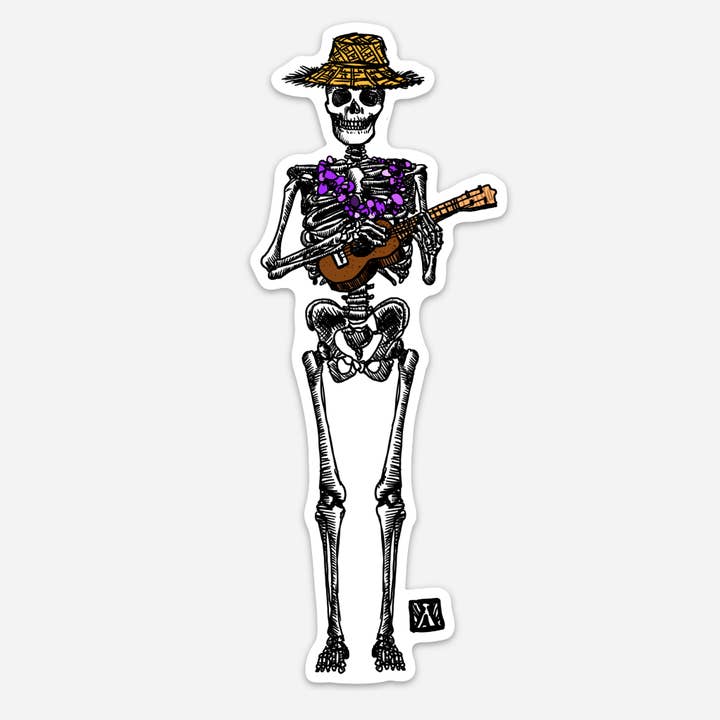 Adhesivo de vinilo con diseño de esqueleto tocando el ukelele para venta al por mayor de Bellavance Ink