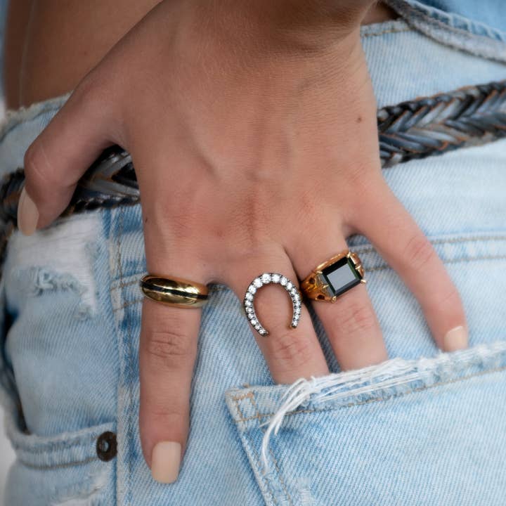 Black & Gold Horseshoe Ring with Clear Stones for wholesale on Faire1