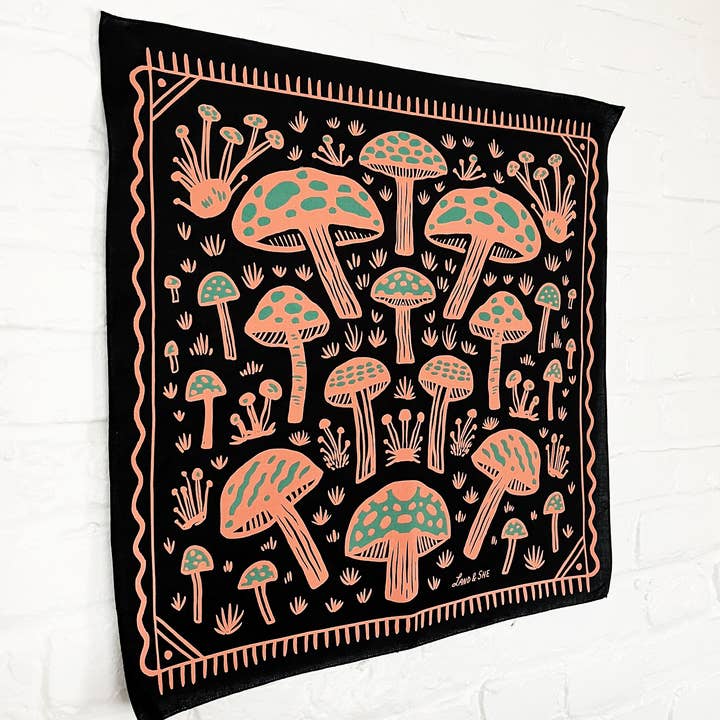 Land & She - Wholesale Bandana - Unisex - Field of Mushrooms Bandana1
