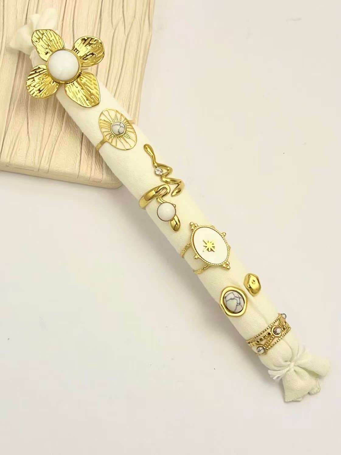 COSMOS - Wholesale Band/Stacked Ring - Set of 6 Adjustable Rings with White Stones and Mother-of-Pearl in Steel0