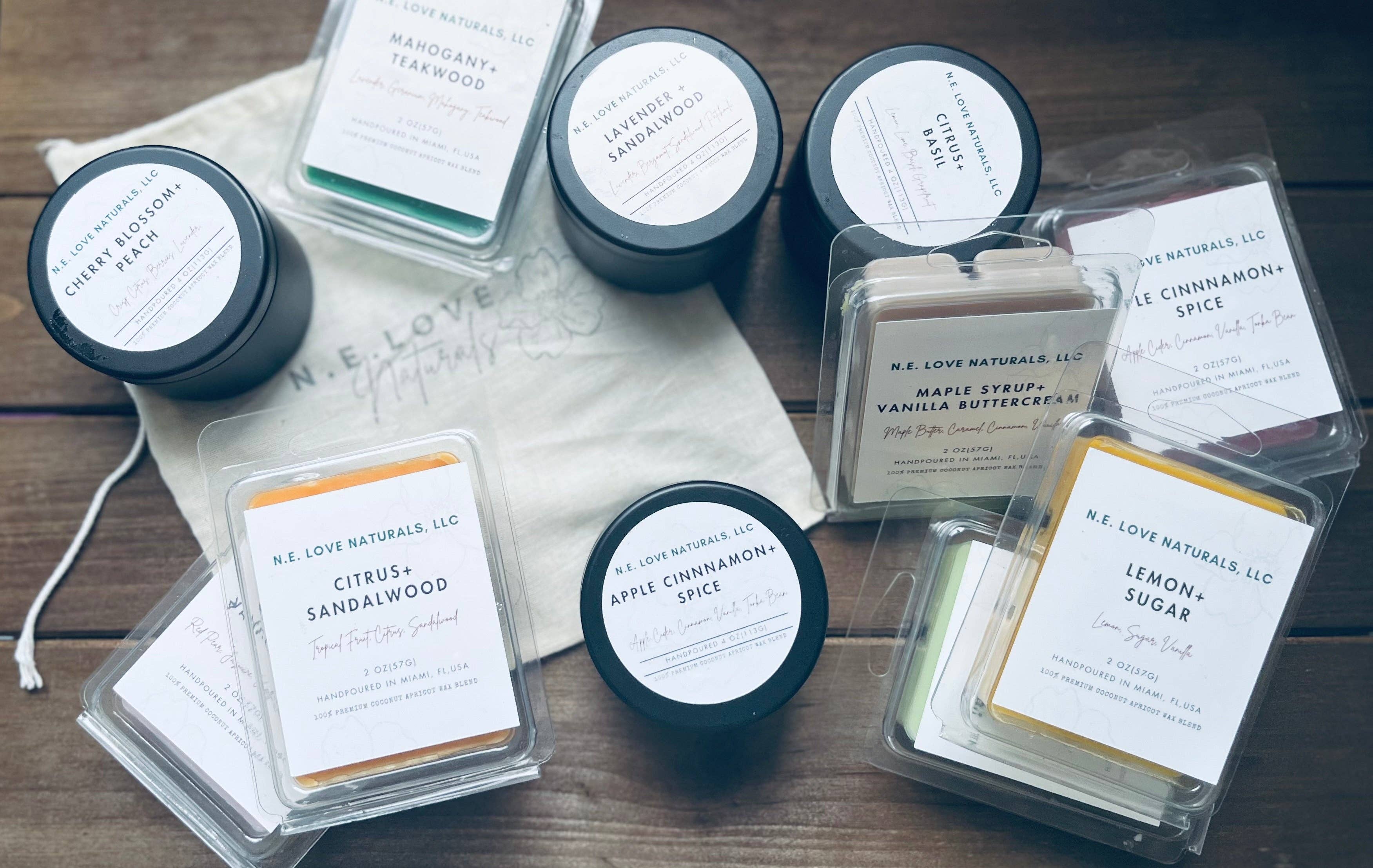 N. E. Love Naturals, LLC - Wholesale Retailer Sample - Home Decor - Citrus+ Sandalwood | Wax Melt Single| Coconut Apricot Soy4