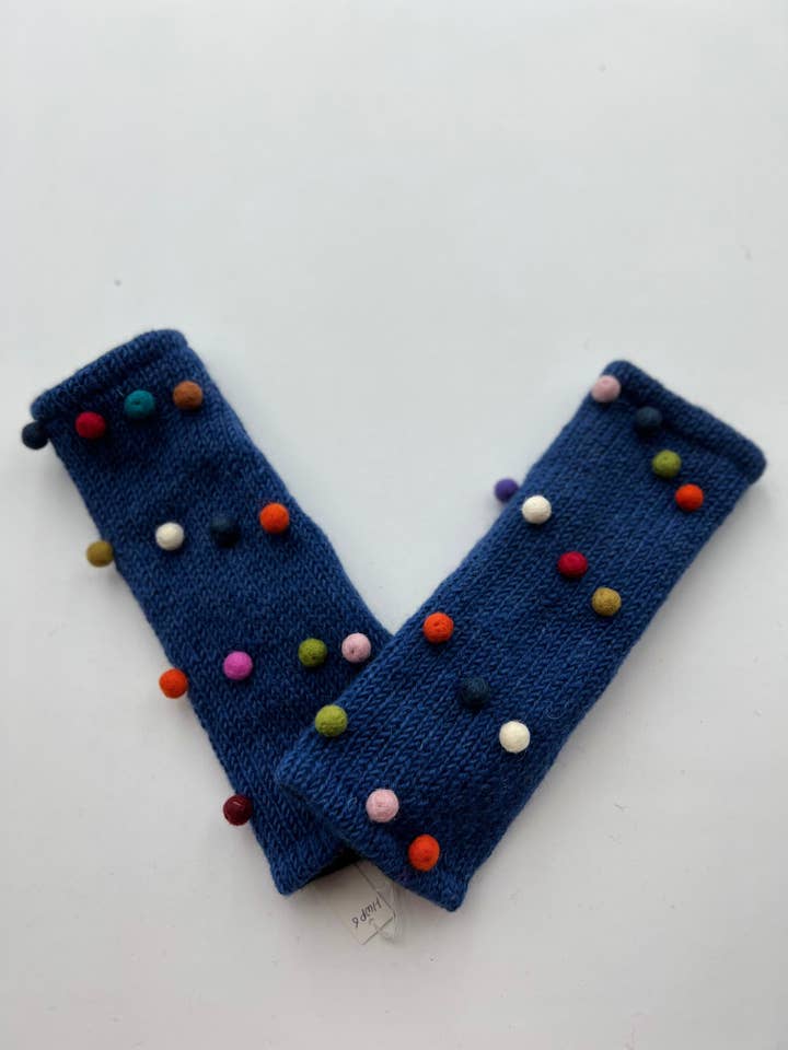 Woolen Pum Pum Fingerless Gloves in Dark Blue for wholesale by NURBU INC.