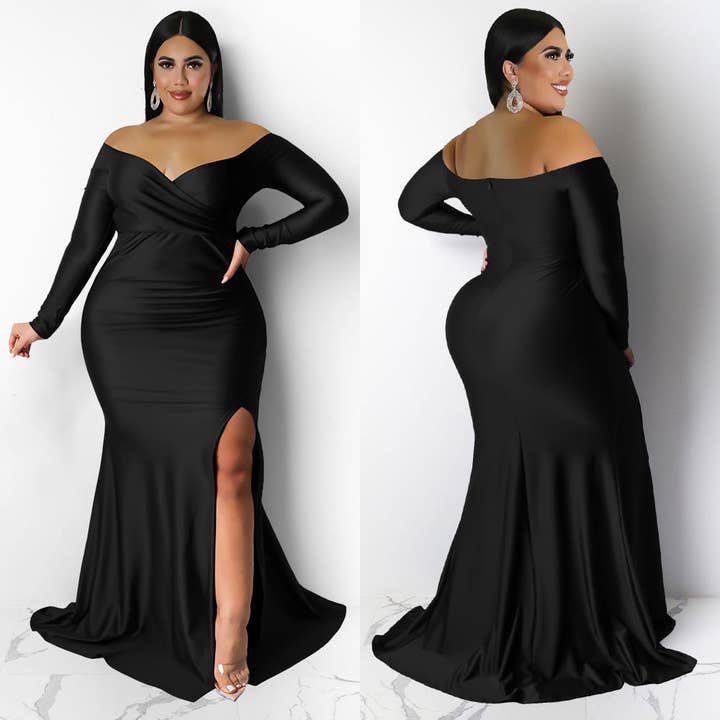 Robe longue à col en V élégante de couleur unie pour la vente par DREAM VERA APPAREL