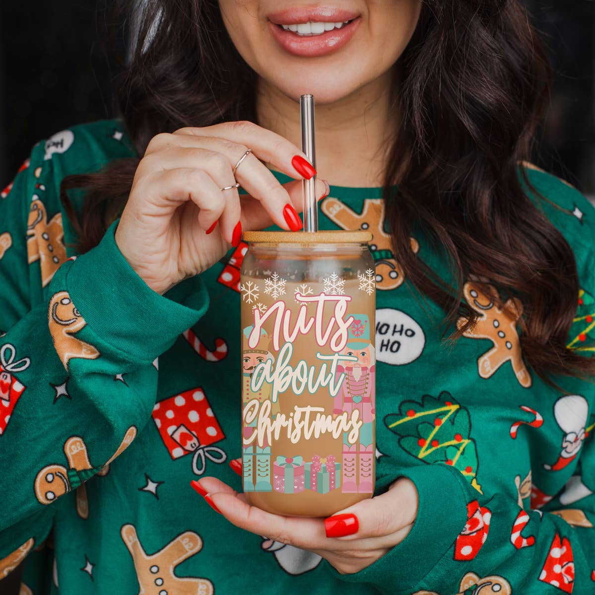 Gia Roma - Wholesale Drinking Glass/Cup - Candy Cane Christmas Can Glass. Cup With Glass Straw & Lid68