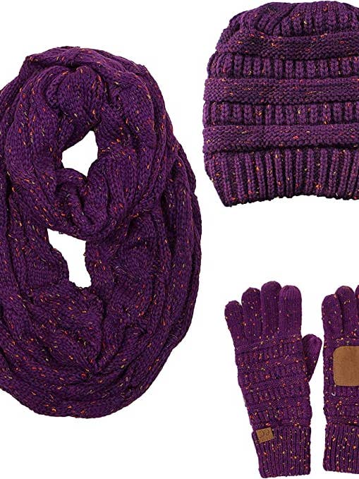 C.C Beanie, Glove & Scarf Set - Confetti Purple for wholesale by Funky Junque