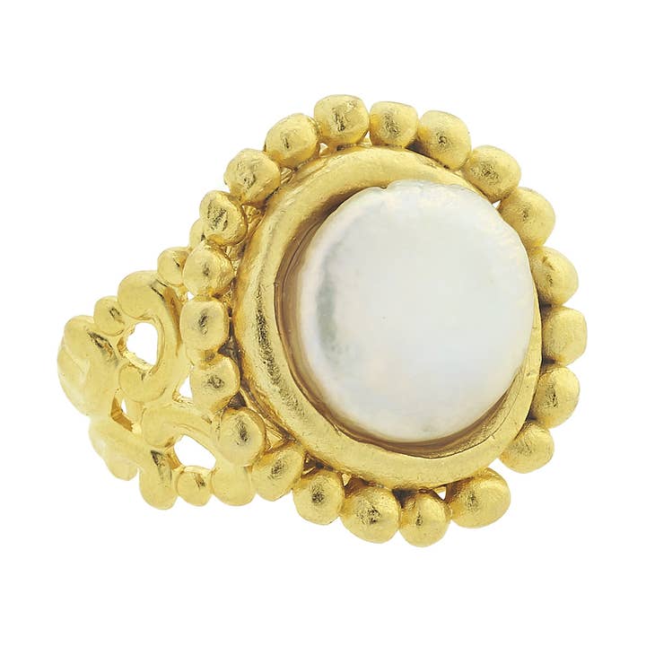 Handcast Gold Adjustable Ring with Genuine Freshwater Coin P for wholesale by Susan Shaw