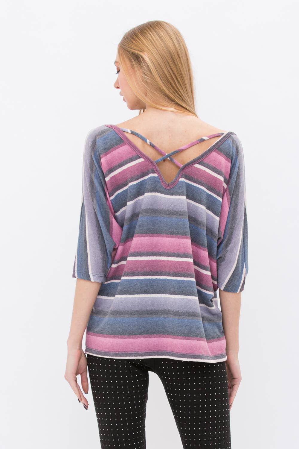 VOCAL - Wholesale Knit Top - Women's - STRIPE KIMONO SLEEVE TOP WITH STRINGS IN THE BACK 19328S7