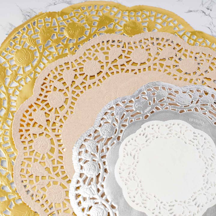 Round Lace Metallic Paper Doilies 10" - Set of 100 - Gold for wholesale on Faire4