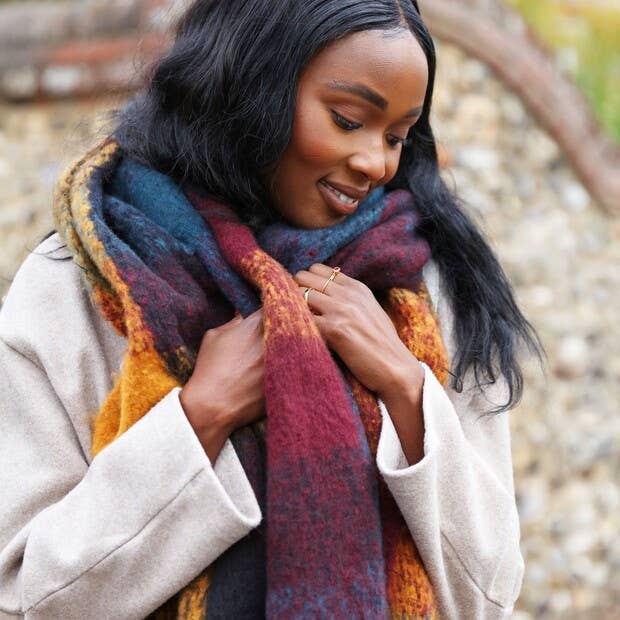 Lisa Angel - Wholesale Scarf - Women's - Thick Burgundy Navy and Mustard Winter Scarf