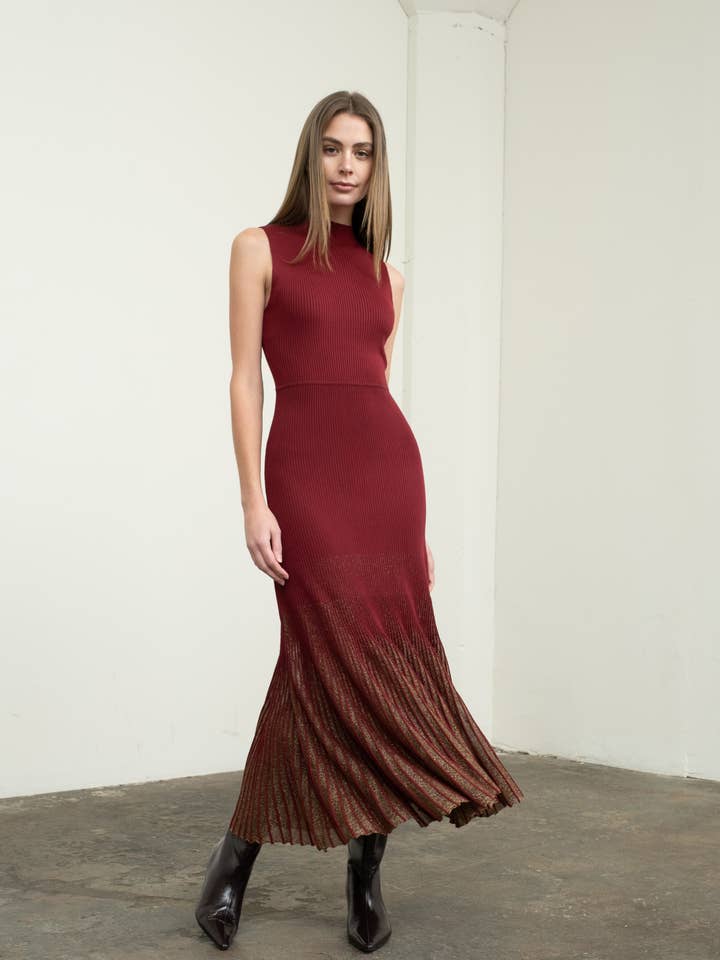 MOCK NECK SHIMMER PLEATED HEM MIDI SWEATER DRESS for wholesale by Moon River