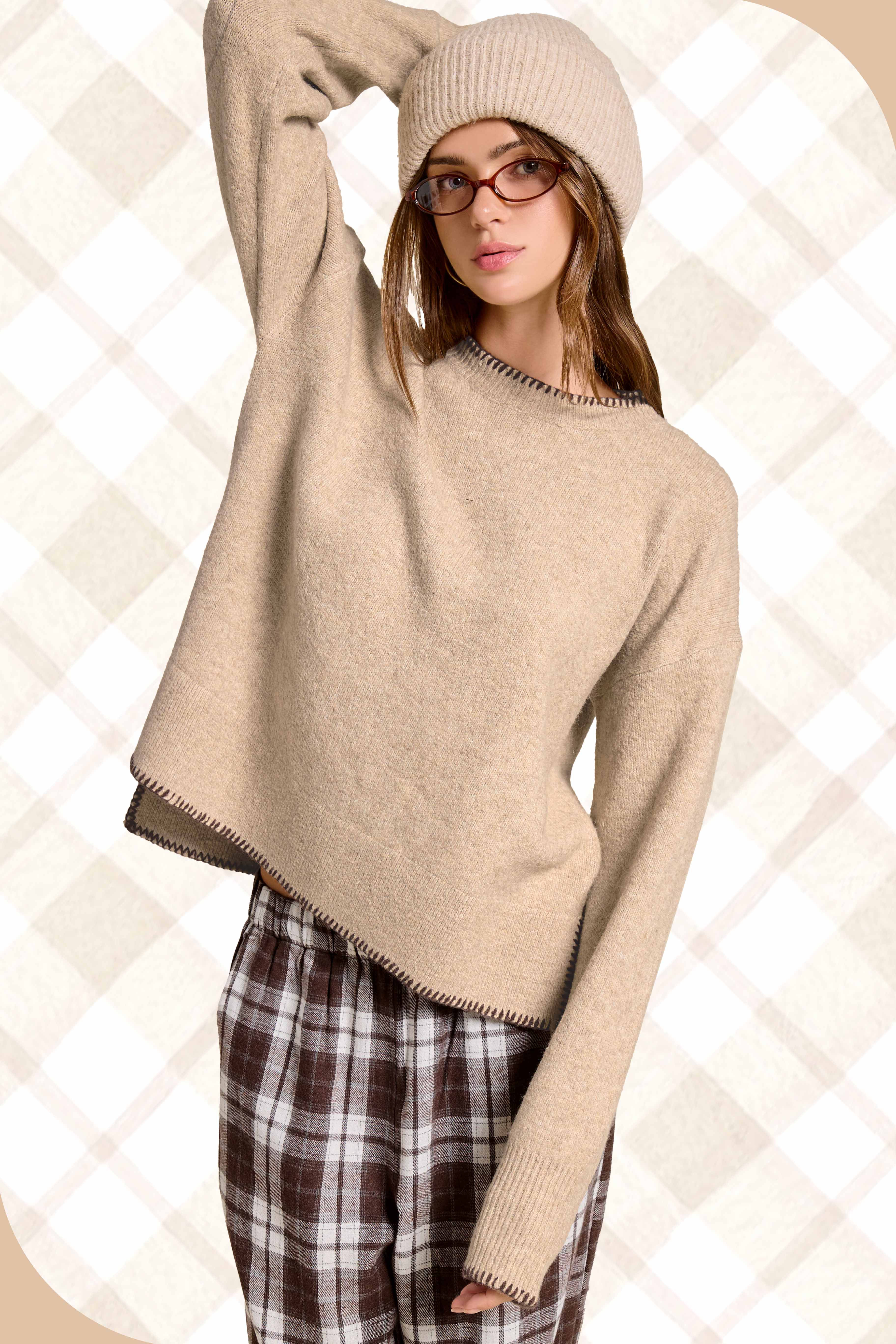 La Miel - Wholesale Knit Sweater - Women's - JDS3607-Hi-Low Crew Neck Sweater W/ Contrast Blanket Stitch14