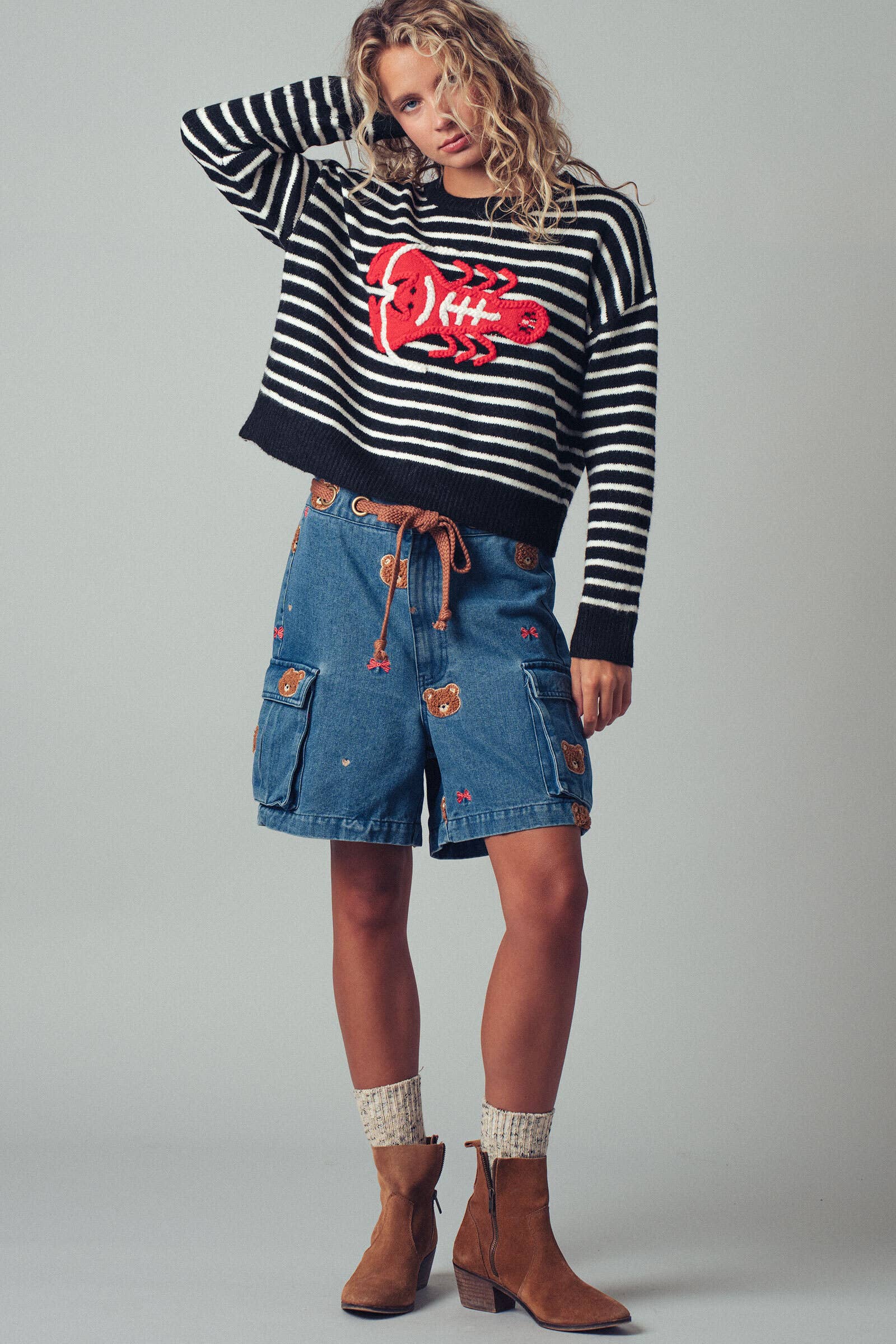 Urban Daizy - Vente Pull en maille – femme - Pull à déclaration nautique avec homard rouge brodé2