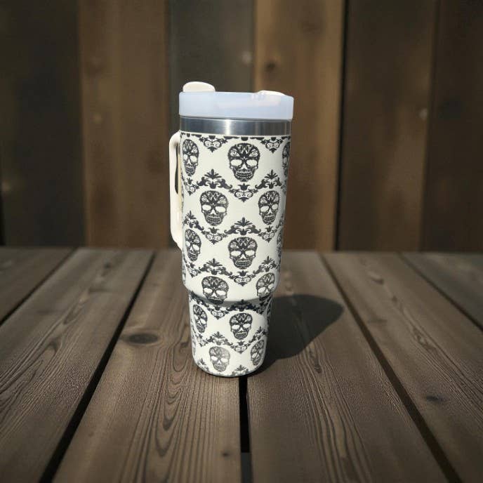426 Creative - Wholesale Insulated Mug/Tumbler - Sugar Skull Engraved Tumbler 40oz Individually Boxed, Straw1