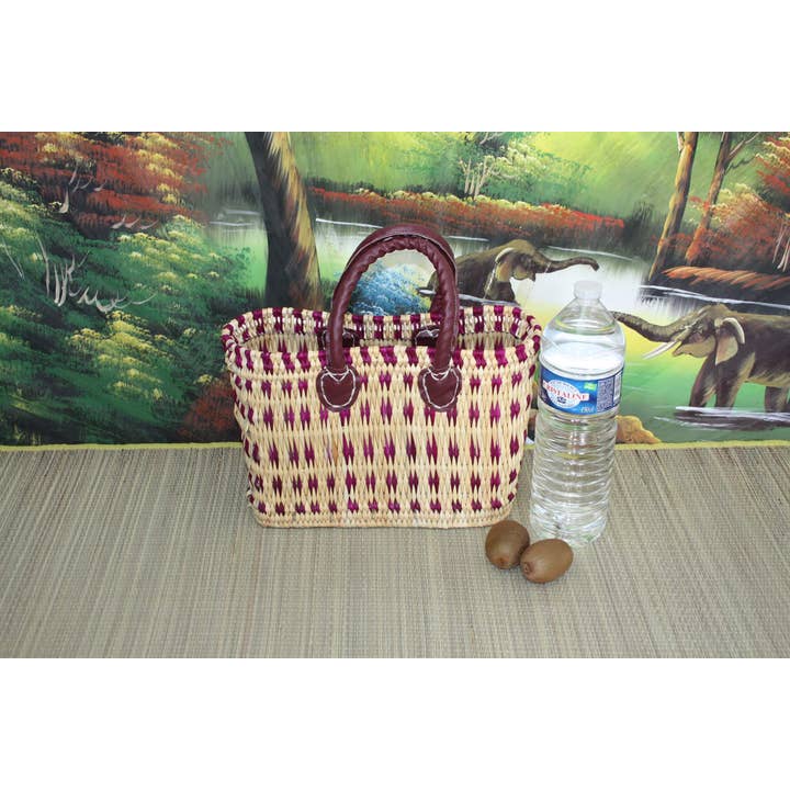 Boutique Huléti - Wholesale Grocery/Shopping Bag - Soft rattan shopping basket - Natural & Pink - 3 Sizes - Braided in Bangle Reed Wicker Straw