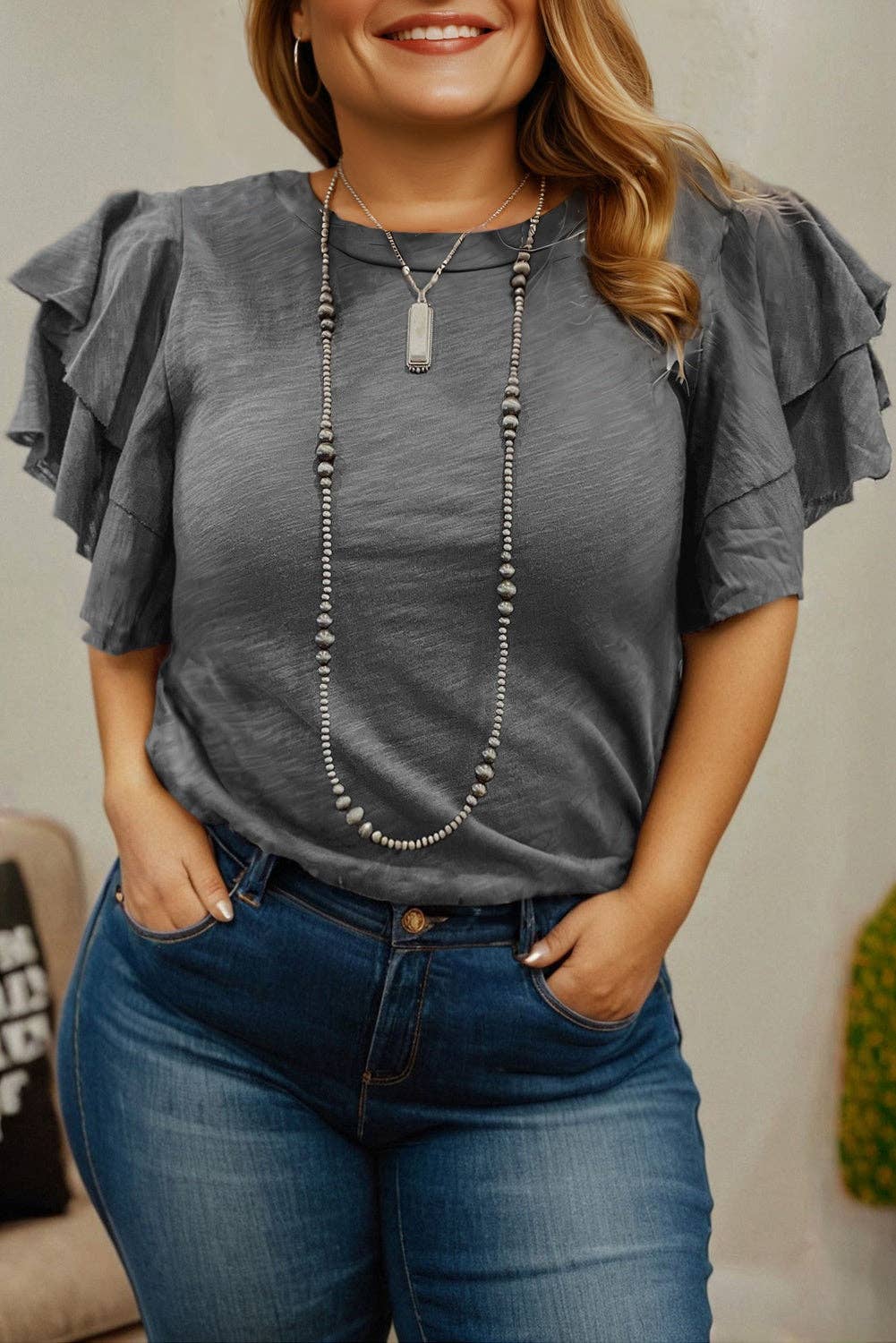 Dark Grey Plus Size Solid Layered Ruffle Short Sleeve Top for wholesale on Faire0