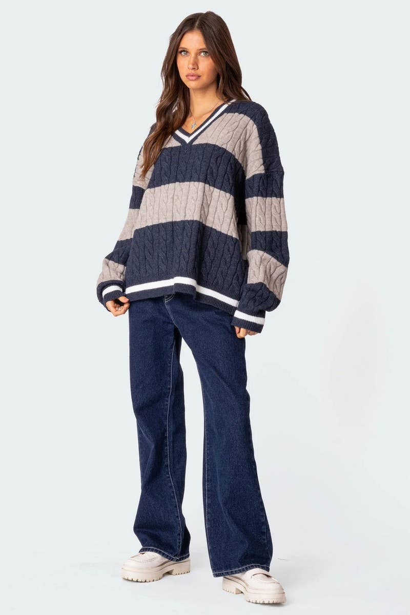 NINEXIS - Wholesale Knit Sweater - Women's - CWOSWL08090_V NECK STRIPED COLORBLOCK KNIT SWEATER13