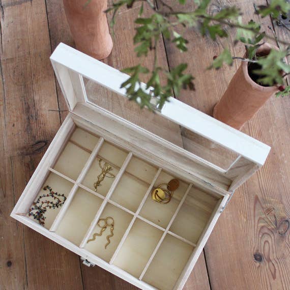 BeBambú - Venta al por mayor Joyero/organizador de joyas - Joyero de madera blanco con tapa de cristal hecho a mano