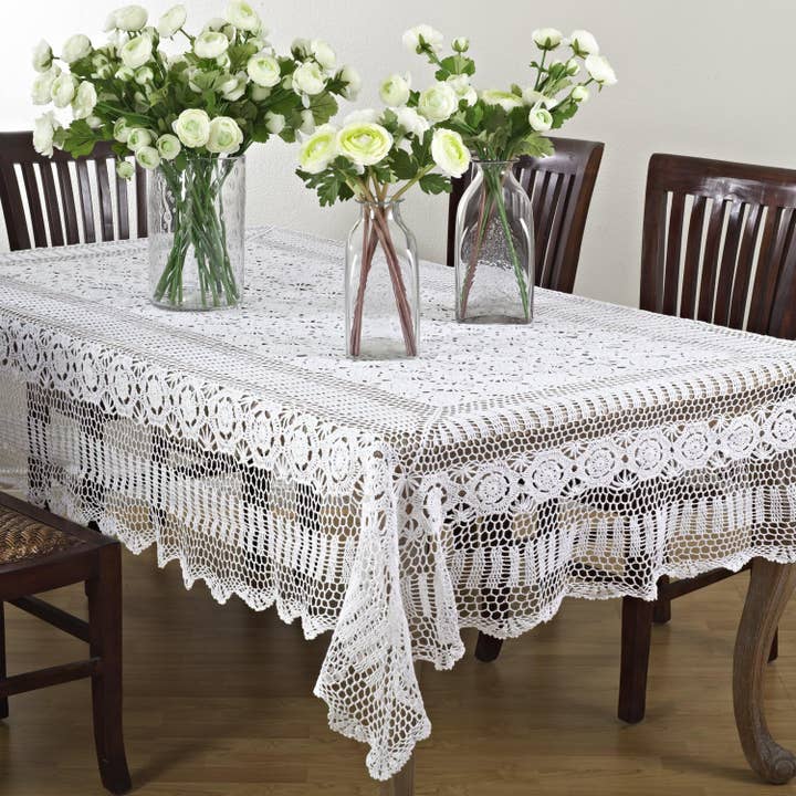 White Hand Crocheted Medallion Cotton Tablecloth for wholesale by Fennco Styles