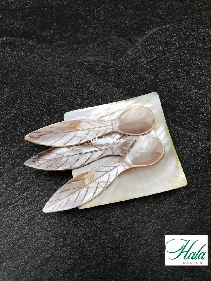 Custom Pink Mother of Pearl Caviar Spoon, Leaf Shaped Spoon for wholesale by Hala Design