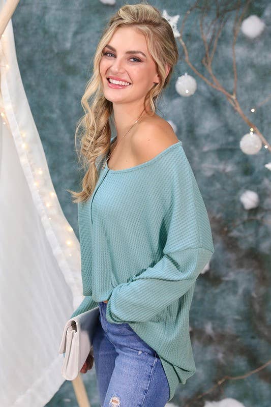 NINEXIS - Wholesale Knit Top - Women's - CWTTL450_BUTTON PLACKET LONG SLEEVE WAFFLE TOP10