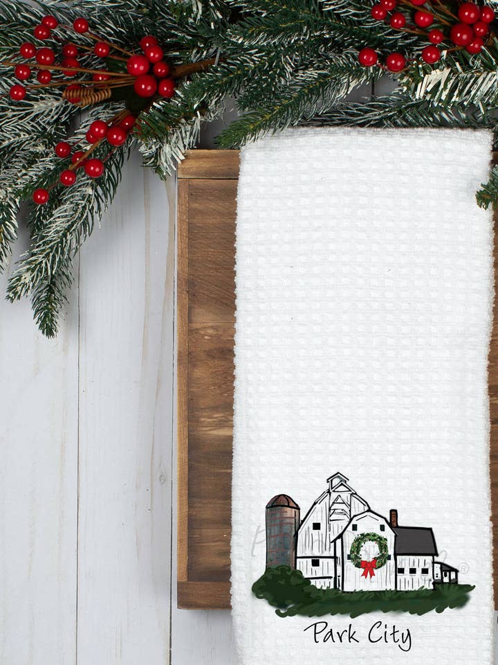White Barn, Christmas Wreath, Waffle Towel, Name Drop for wholesale by philoSophie's Stationery & Gifts