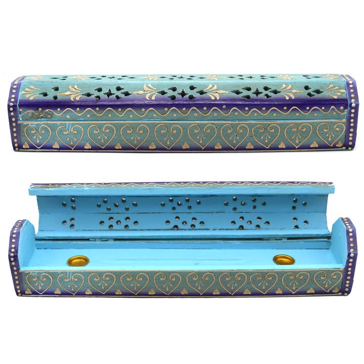 Designs by Deekay Inc. - Wholesale Incense Holder - Blue Hand Painted Wooden Incense Box (12 in.)