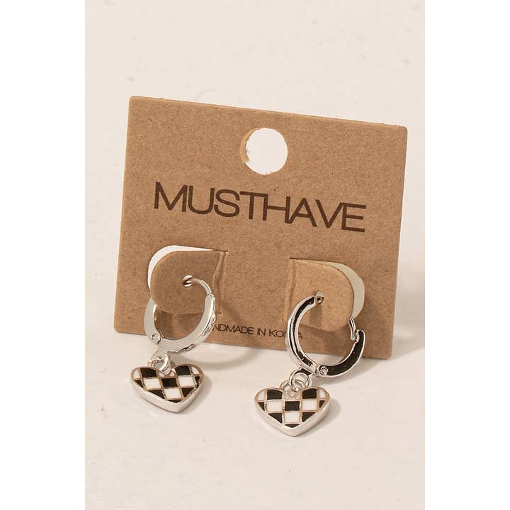 Fame Accessories - Wholesale Hoop Earrings - Epoxy Checkered Heart Charm Hoop Earrings