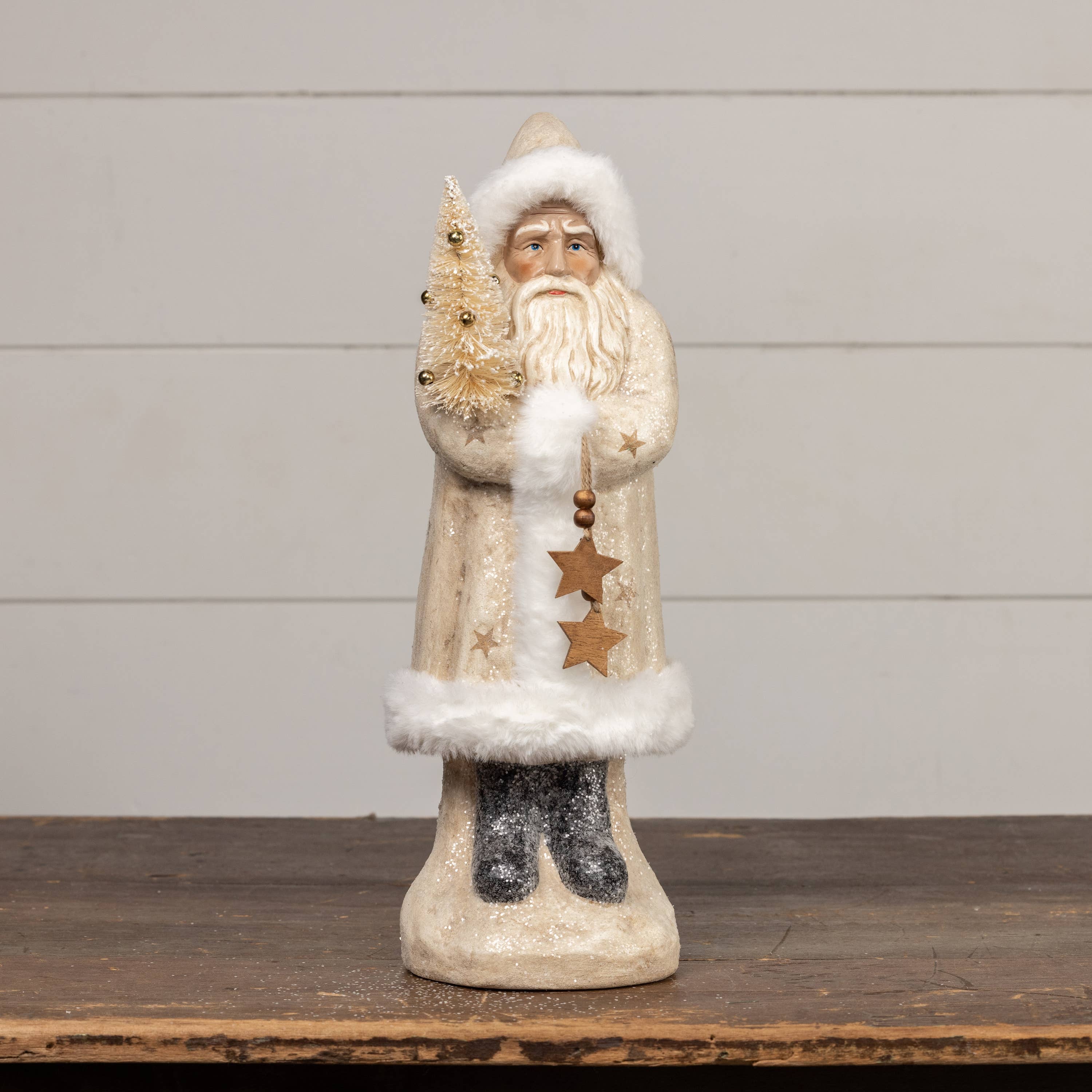 Ragon House - Wholesale Christmas Decoration - 16.5" GLITTERED IVORY BELSNICKLE W/ GOLD STARS2