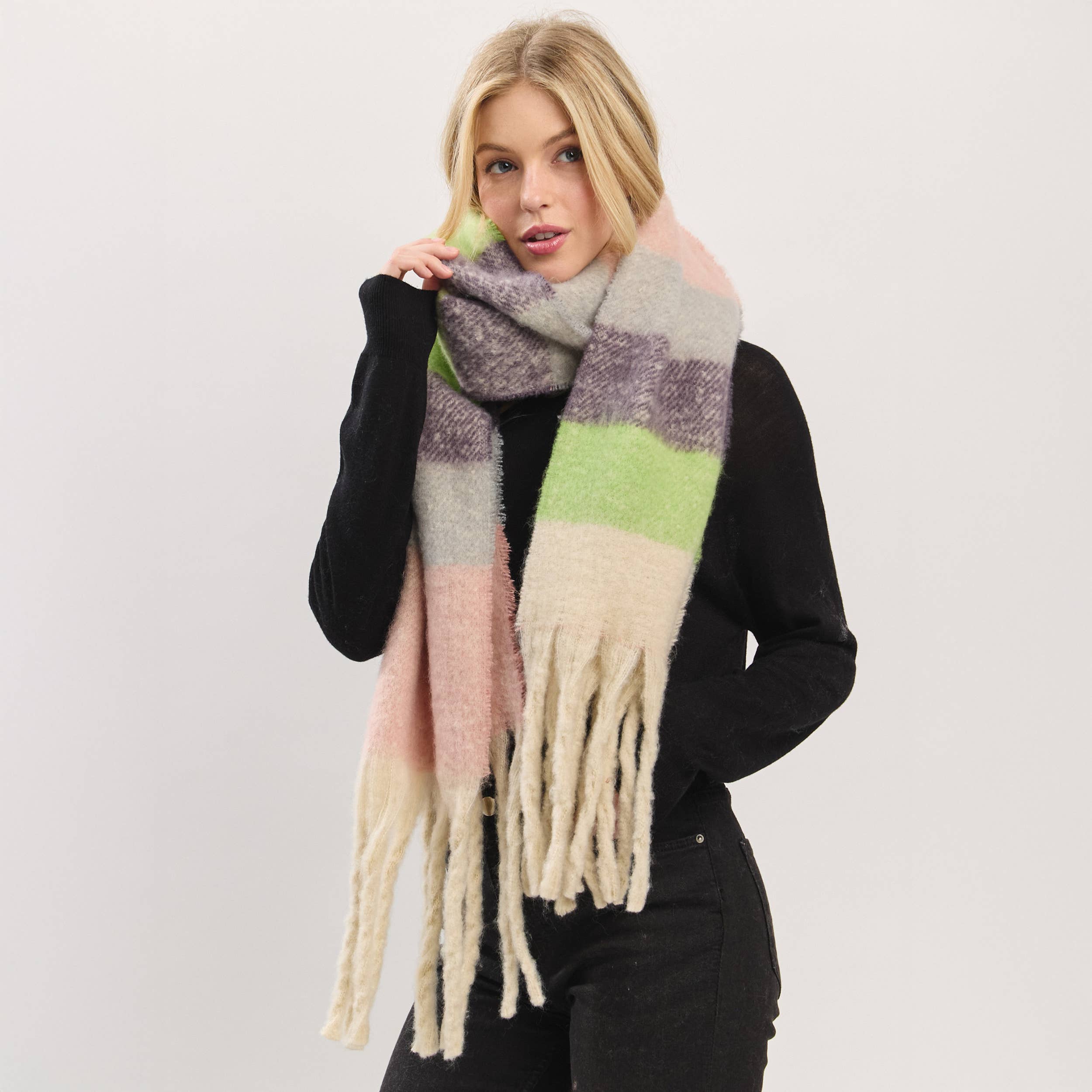 Hana - Wholesale Scarf - Women's - Multi Color Striped Brushed Fringed Winter Scarf16