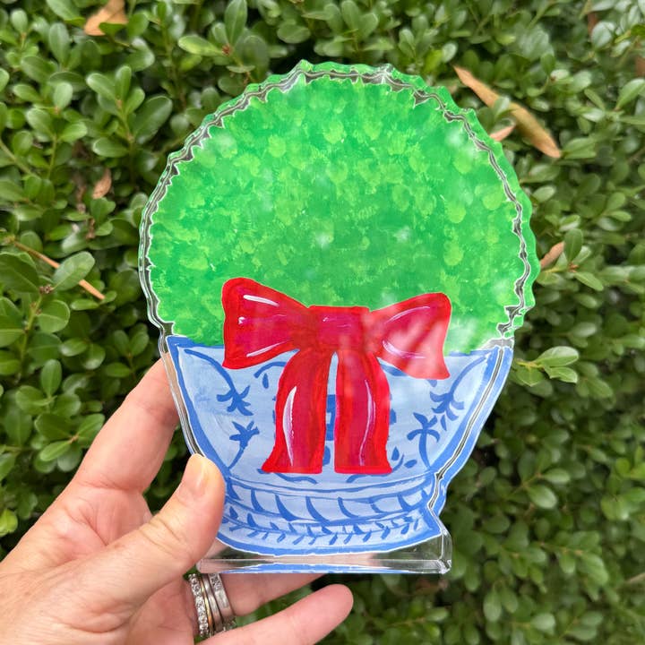 Acrylic Block Chinoiserie Christmas Boxwood for wholesale by Lemondaisy Design