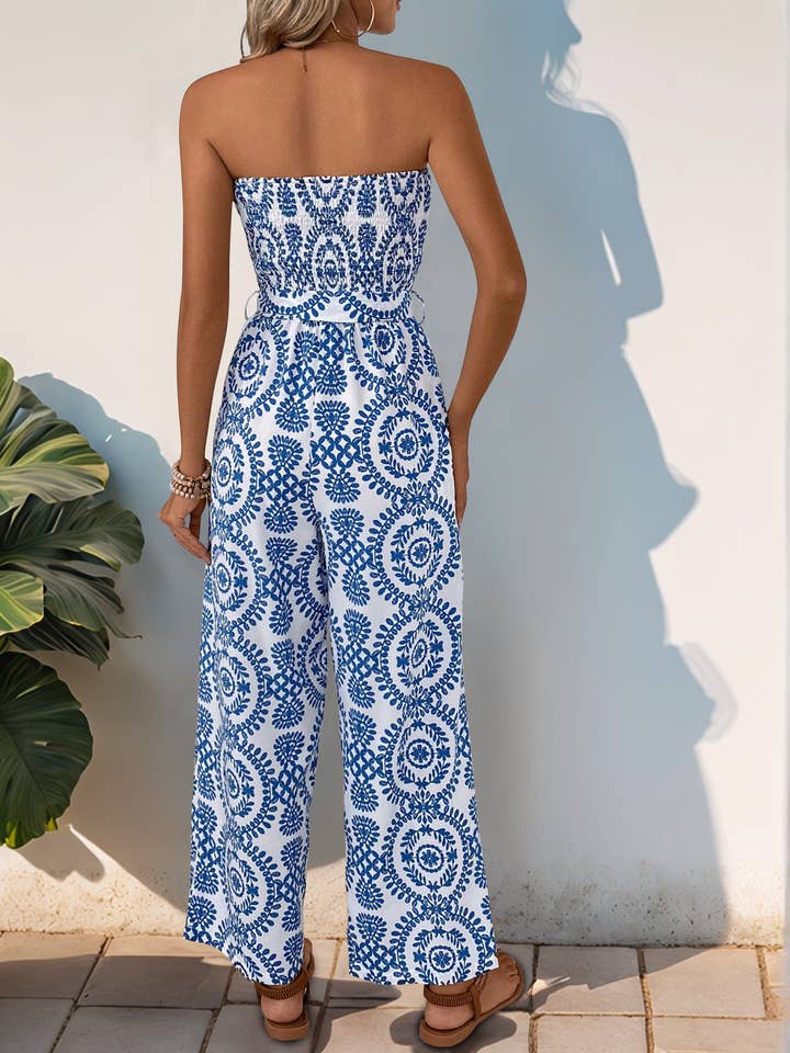 BLUE Ethnic print chest cable casual rompers for wholesale on Faire4