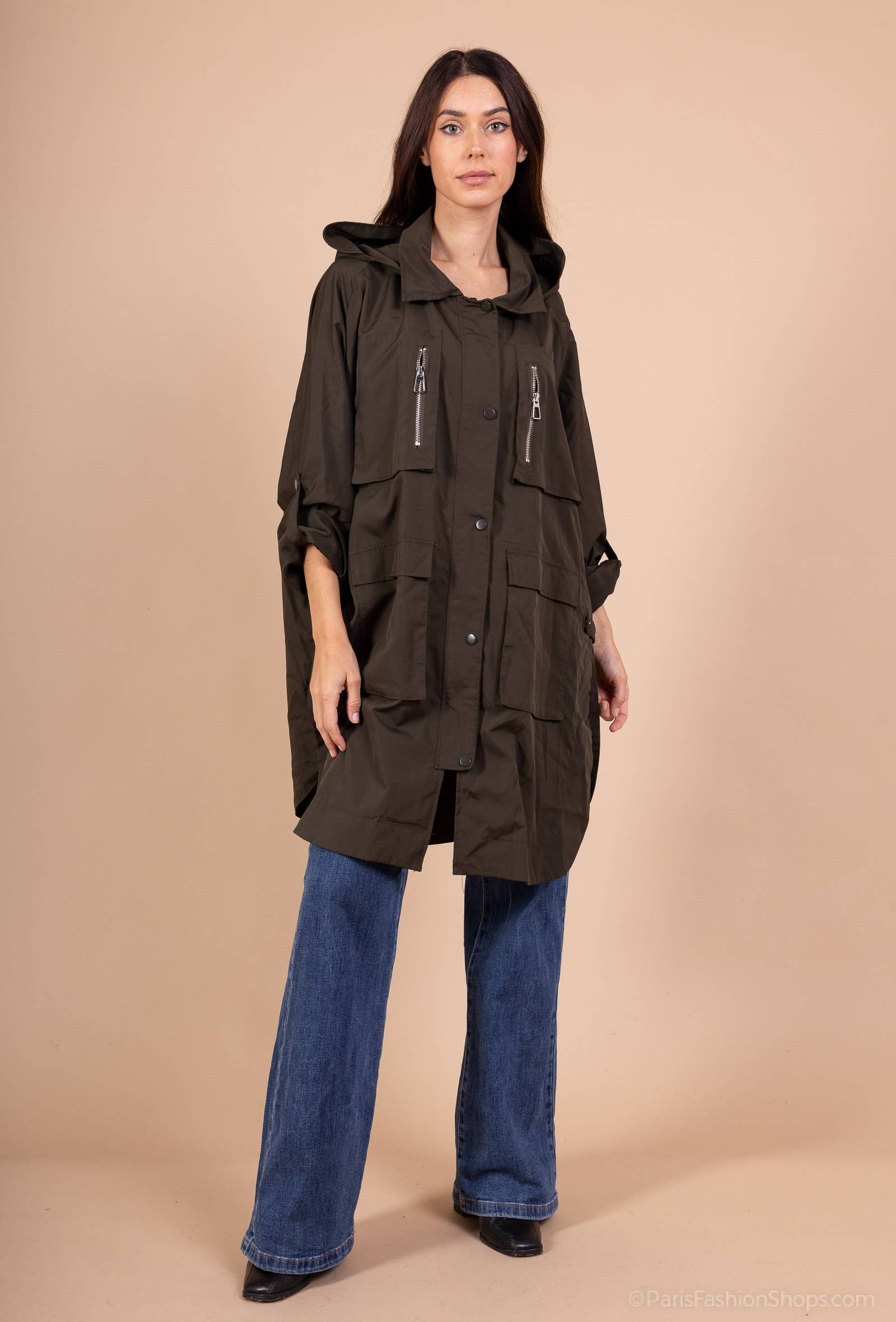 L'Emotion - Vente Veste – femme - Imperméable Long à Capuche Poches Et Fente Boutonné1