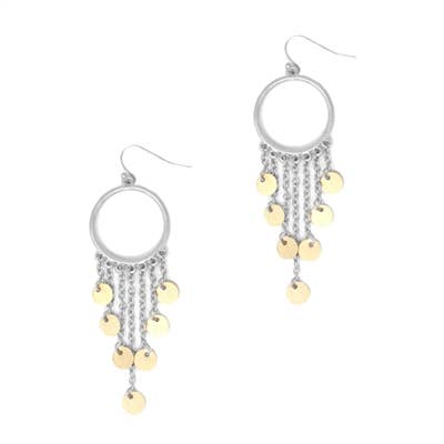 Boucle d'oreille de 2 pouces en argent avec pompon en forme de disque doré pour la vente par What's Hot