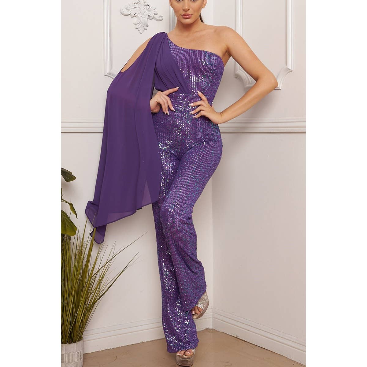 FashionShowcase - Vente Combinaison – femme - Combinaison à paillettes à une épaule et jambes évasées0