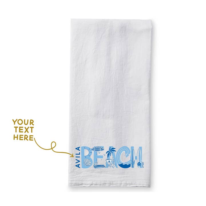 Strand - Lokale Beschriftung - 19x28" Geschirrtuch für den Großhandel von doodles.ink.