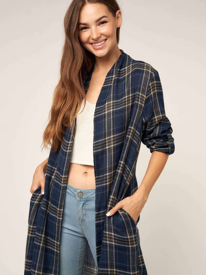 NAVY PLAID MAXI COVER UP / CARDIGAN for wholesale on Faire1