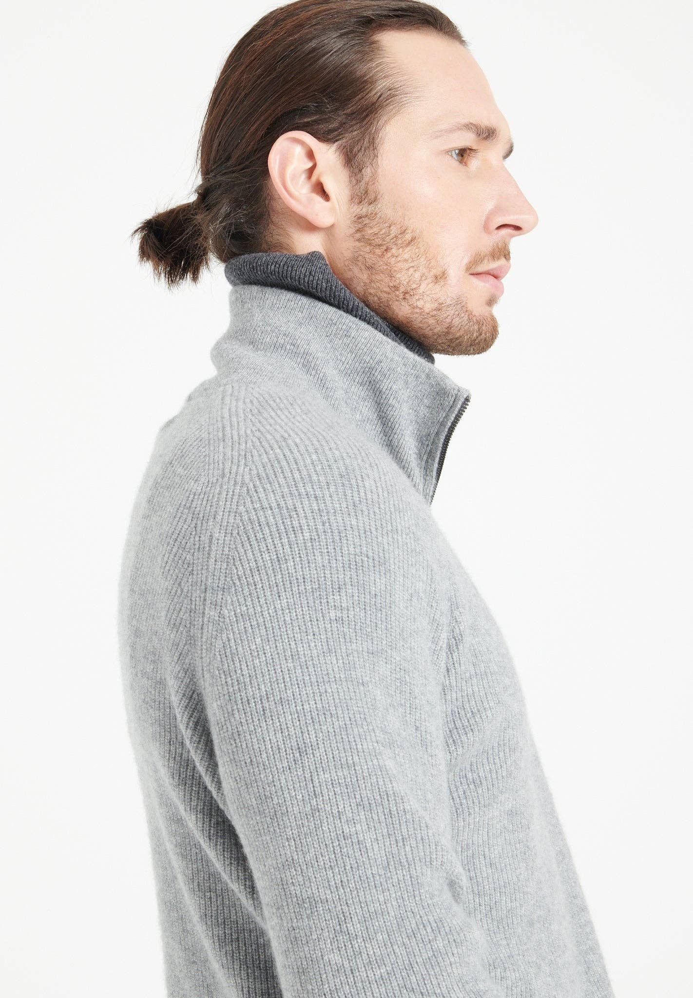 light grey ZACH 2 men's trucker sweater in cashmere for wholesale on Faire2