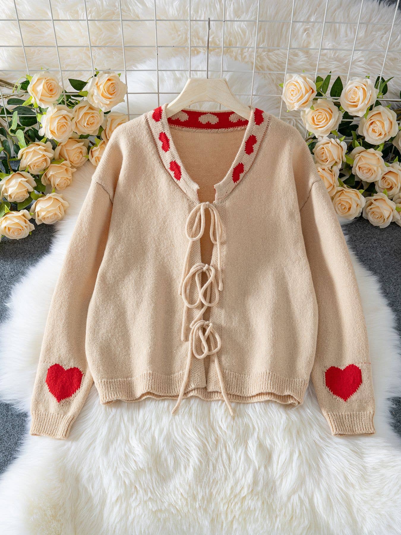 sand Honey Love Red heart pattern tie front knit cardigan sweater for wholesale on Faire0