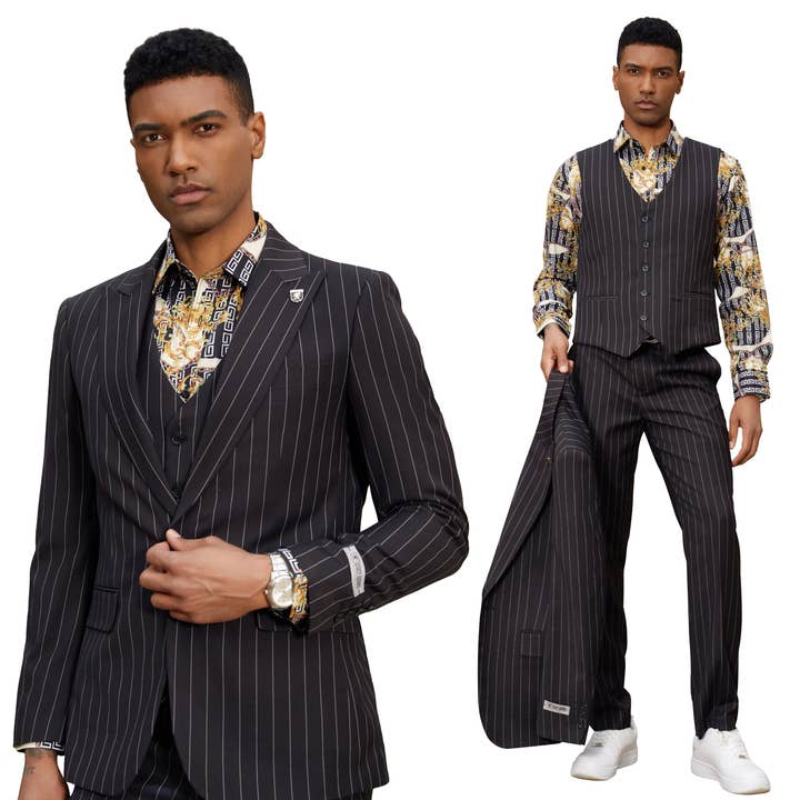 Suits America - Wholesale Suit Set - Men's - Stacy Adams Mens Suit 3pc w/ Reversible Paisley Vest, Black