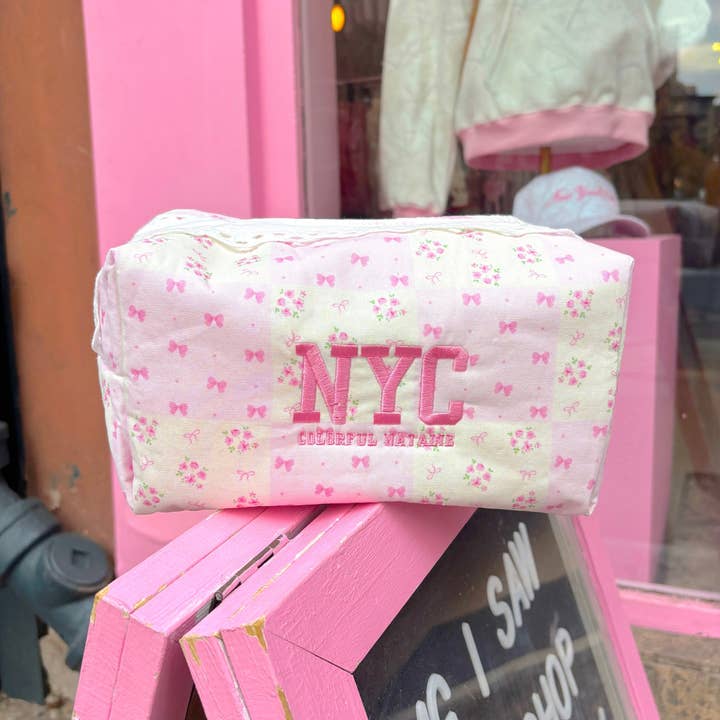 Colorful Natalie - Wholesale Makeup/Cosmetic Bag - Pink Bows and Flowers NYC Makeup Bag3